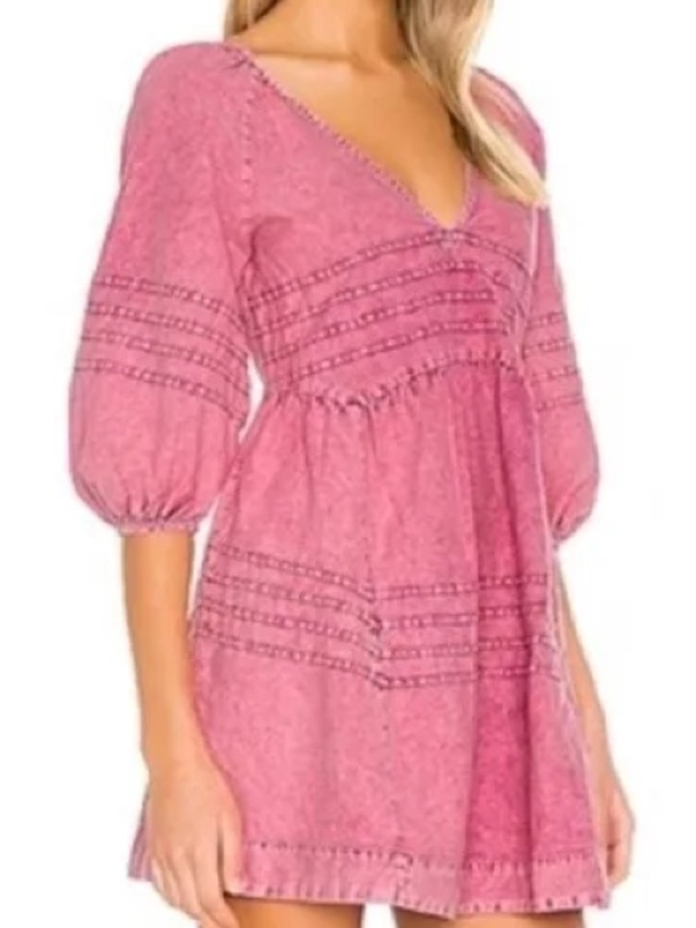Free People Pink V-Neck Puff Sleeve Mini Dress